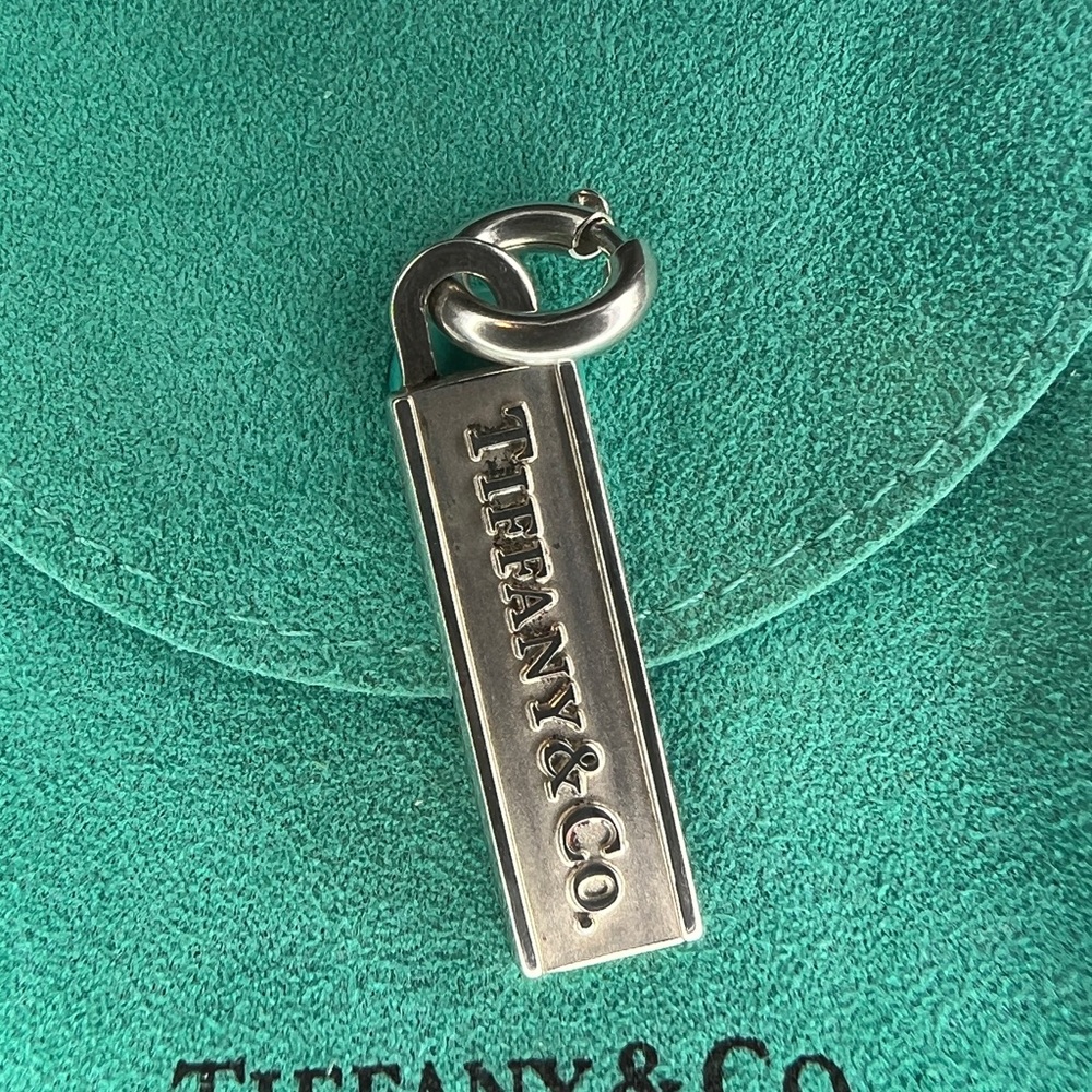 Tiffany & Co Sterling Silver Street Sign Logo Bar Charm Pendant With Clasp RARE